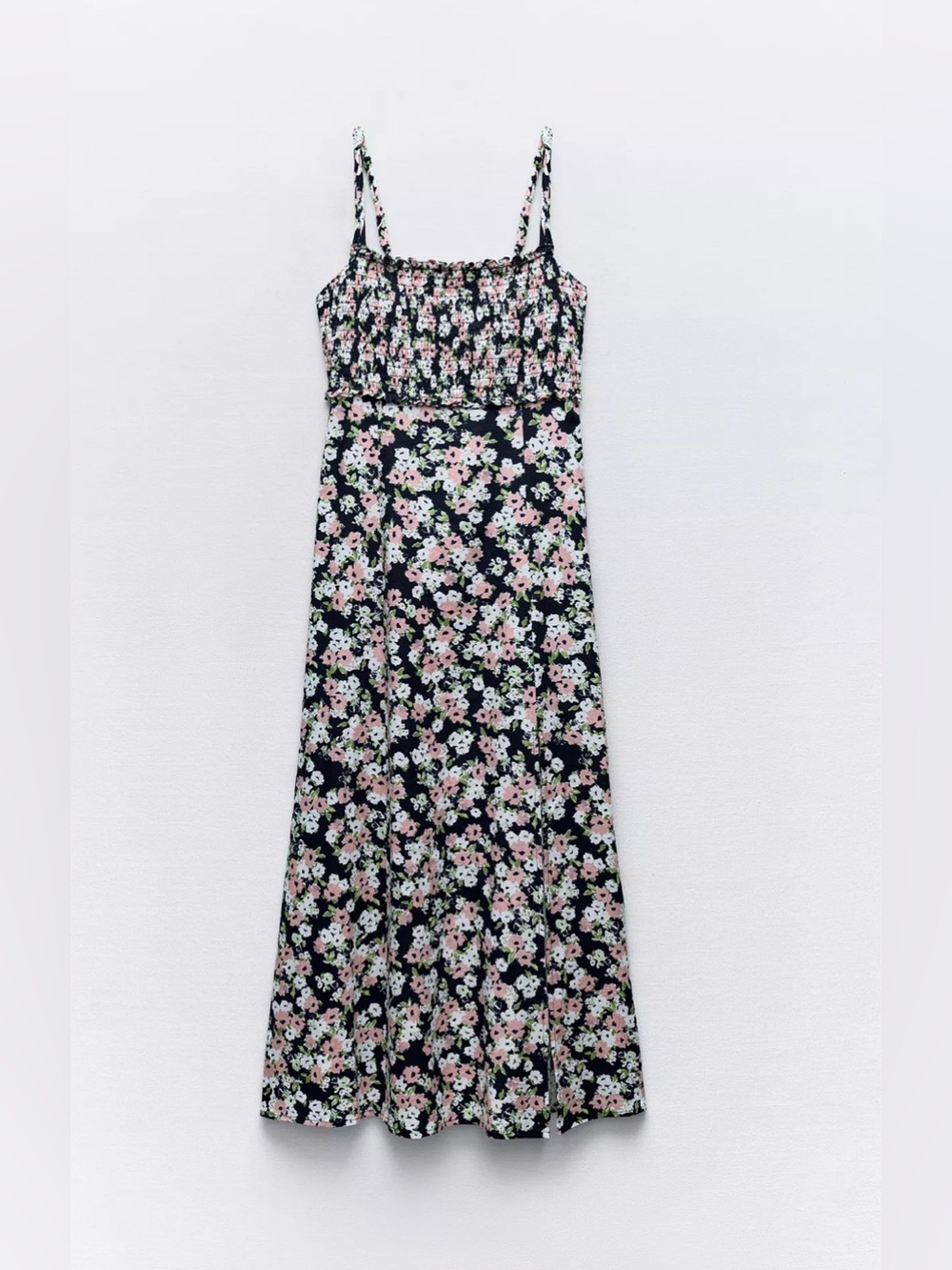 NWT Zara Navy Linen Floral Midi Dress • Size Small